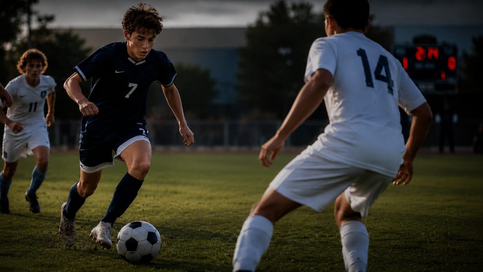 A high school athlete controls the ball during a game