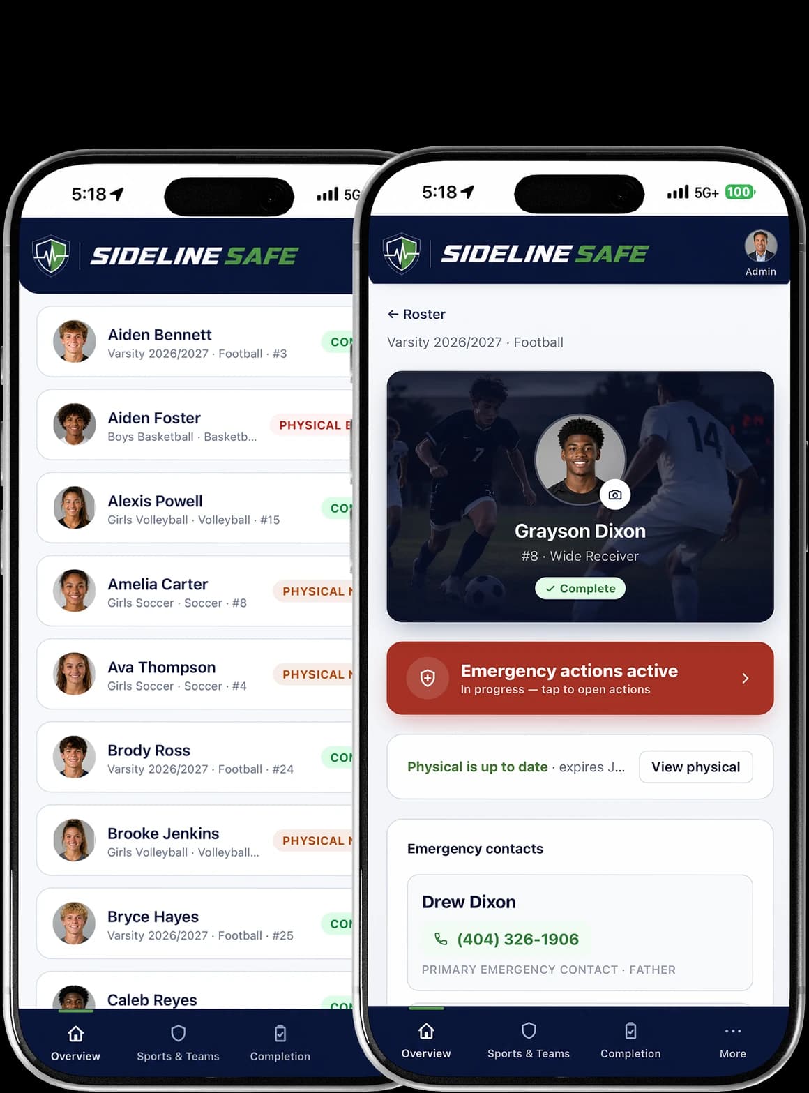 Sideline Safe on two iPhones — an athlete's emergency profile and the emergency actions screen